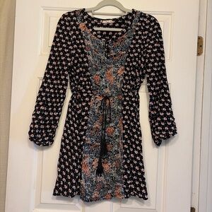 Hem & Thread Navy Floral Mixed-Print Long Sleeve Dress with Coral Detail